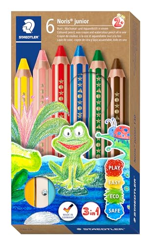 STAEDTLER 3in1 Buntstift Noris junior (Bunt-, Wachsmal- und Aquarellstift, extra bruchsicher, ideal für Kinder, für viele Oberflächen, Kartonetui mit 6 Farben inkl. Spitzer), 140 C6 im Sale